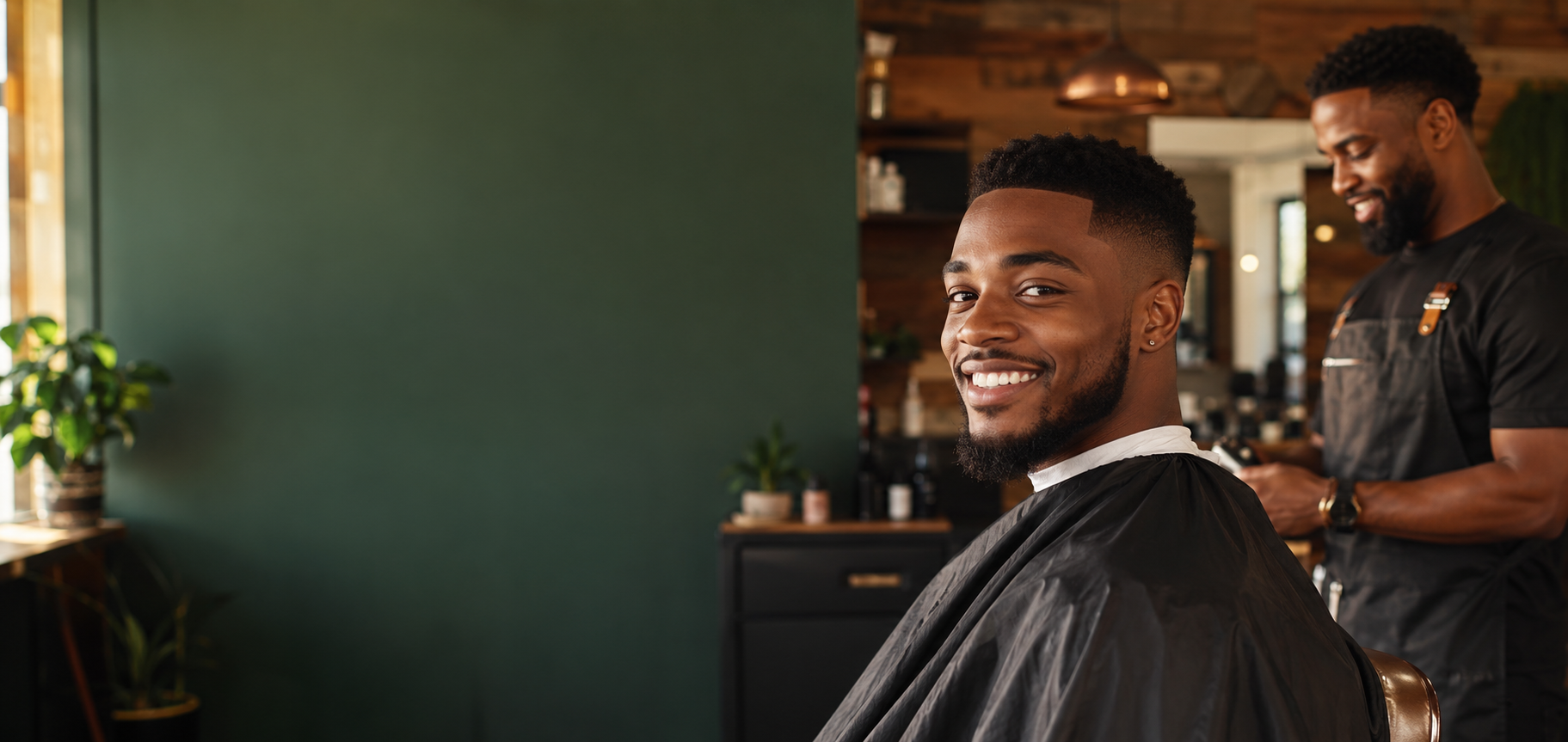 A smiling client showing a fresh haircut in a welcoming barbershop
